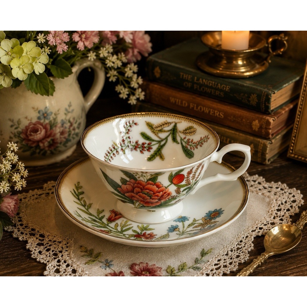 Stechcol Gracie Bone China Floral Teacup & Saucer Set Vintage